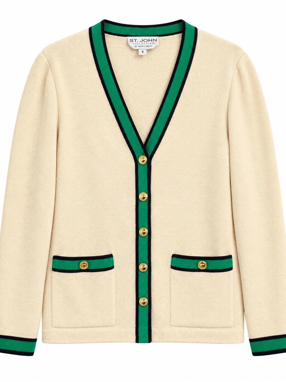 St John Collection Cardigan Womens 6 Ivory Green Santana Knit V-Neck